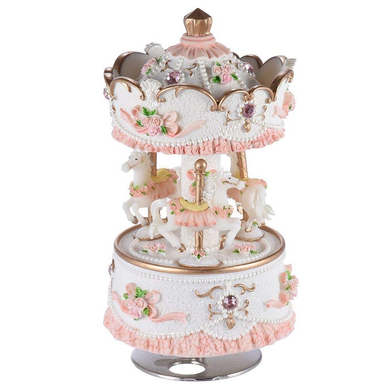 Musfunny Carousel Music Boxes for Girls 3-Horse Rotating Windup Melody Castle in The Sky Color Change LED Lights Musical Gift for Baby Kids Daughter Birthday Christmas Festival Music Box Artware Pink - Image 2